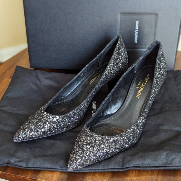 Saint Laurent Charlotte 55MM Black Glitter Kitten Heel Toe Pumps - Picture 2 of 9